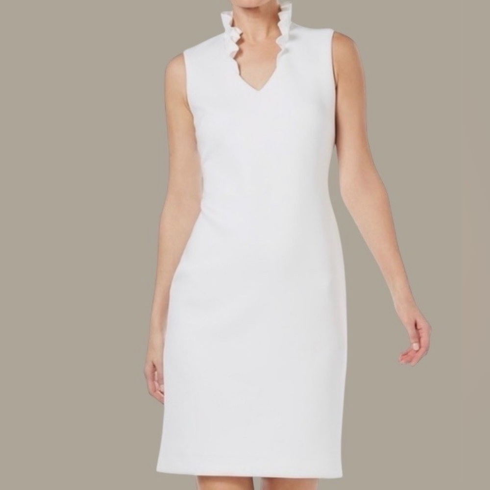 Calvin Klein Sleeveless White Midi Dress with Ruffled V-Neck